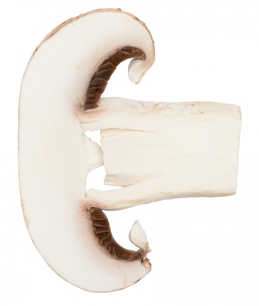 Sliced mushroom (champignon, cut foot, Agaricus Bisporus) and raw. Isolated on white background