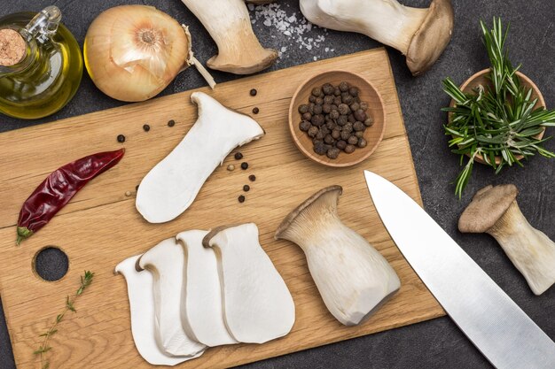 Sliced mushrooms on cutting board