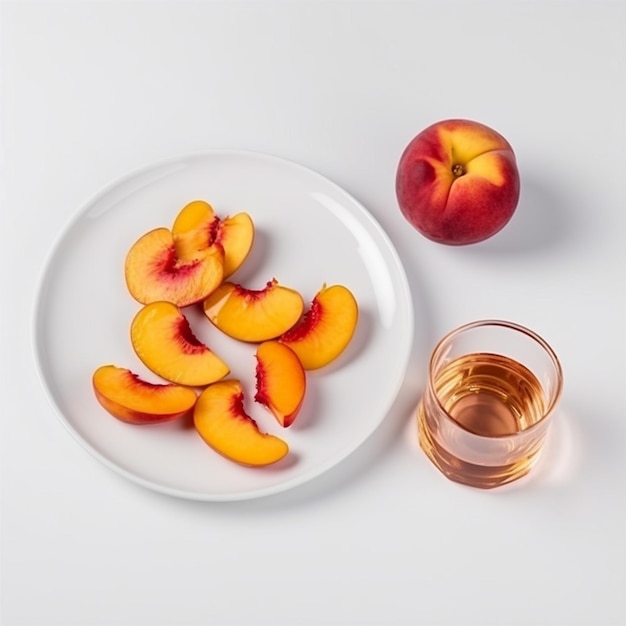 Sliced Nectarine in a Plate with Drink High Angle