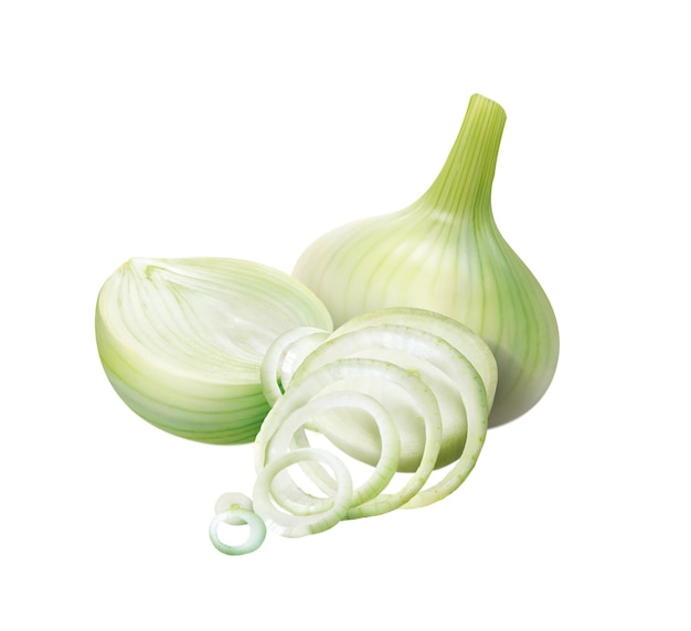 A sliced onion with a white background and a green onion