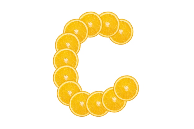 Sliced orange alphabet - letter C. Isolated white background. Fresh healthy orange fruit. Juicy font.