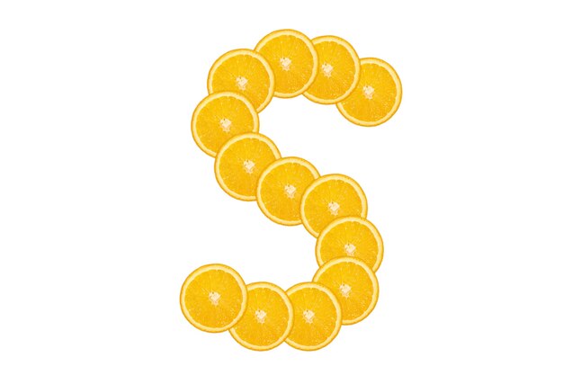 Sliced orange alphabet - letter S. Isolated white background. Fresh healthy orange fruit. Juicy font.