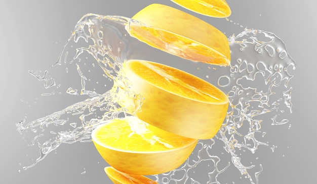 Photo sliced orange fruit falling into water with splashes on gray background