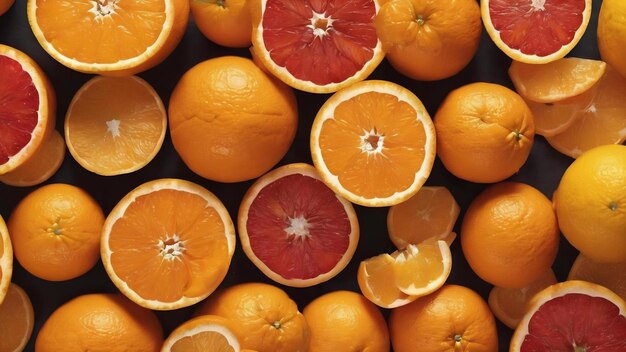 Sliced orange fruit on yellow view from above