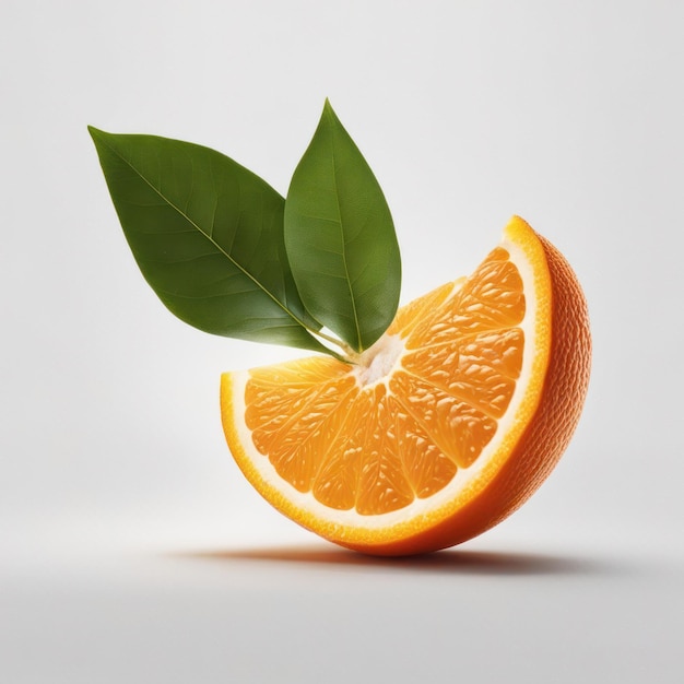 Sliced orange in an isolated white background with orange leaf