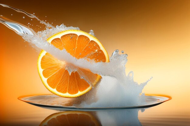 A sliced orange with water splash on a reflective backdrop_Generativa AI_16