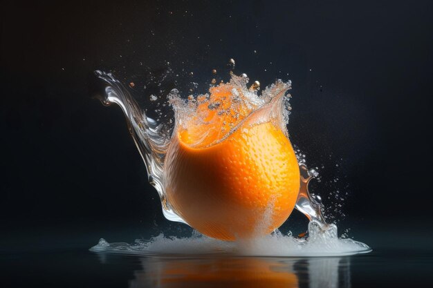 A sliced orange with water splash on a reflective backdrop_Generativa AI_6