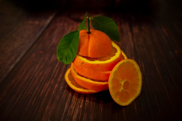 Sliced orange on a wooden table