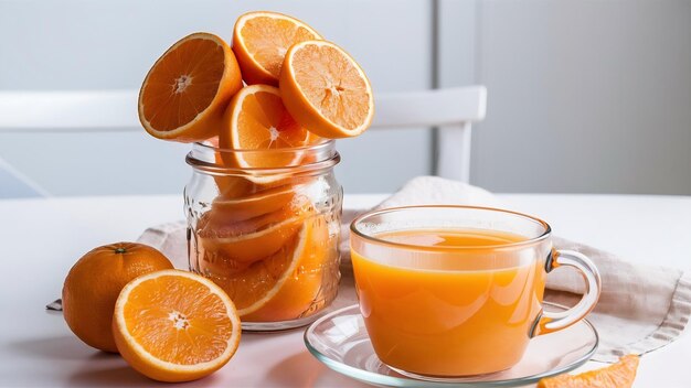 Sliced oranges with juice in the glass jar and cup