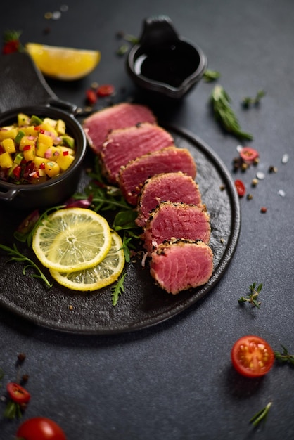 Sliced organic grilled tuna fillet covered with sesame seeds and mango salsa on black ceramic