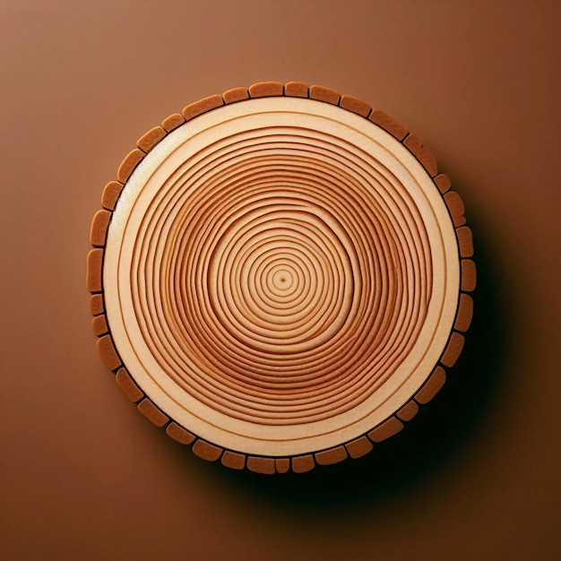 Нарезанный горизонтально диск ствола коричневого дерева овальной формы, на котором видны кольца и древесные волокна, лежащие ровно на нем.
