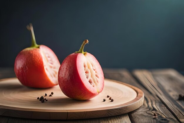 A sliced peach on a wooden plate with a dark background