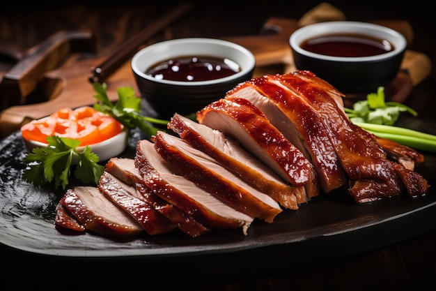 Sliced Peking Duck with Crispy Skin and Plum Sauce