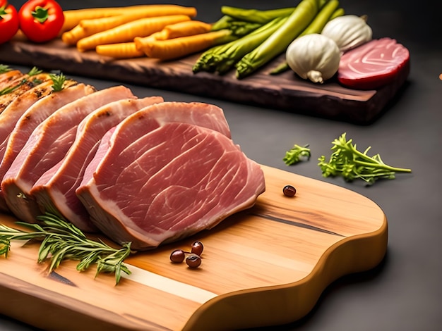 A sliced piece of roast beef with vegetables on a cutting board