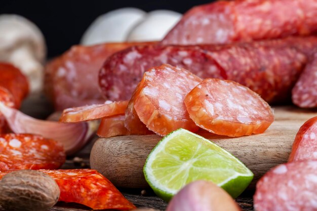 Sliced pieces of sausage from meat are lying on a cutting board