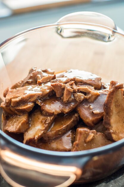 Sliced pork beef meat stew fried cooked chicharron asado