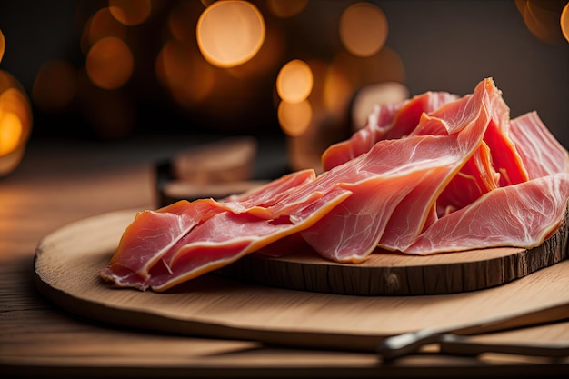 Foto prosciutto affettato su tavola di legno ai generativa