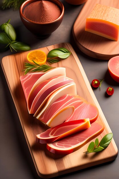 Photo sliced prosciutto on a wooden board