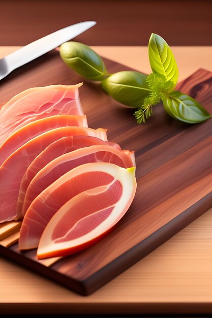 Photo sliced prosciutto on a wooden board