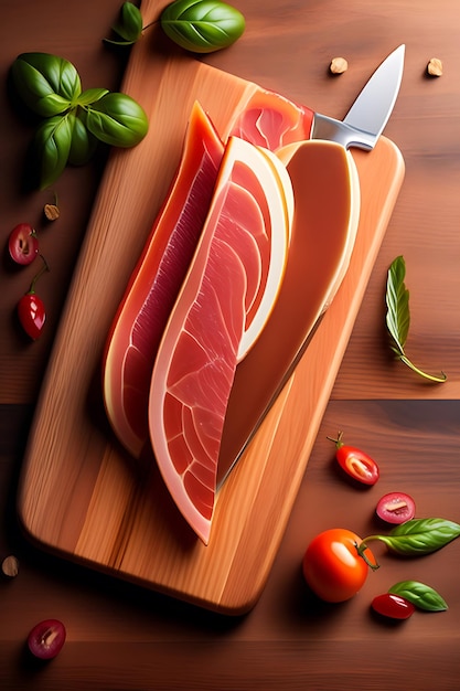Sliced prosciutto on a wooden board