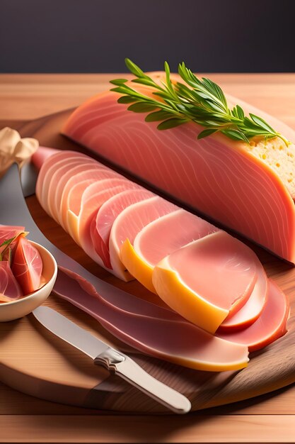 Sliced prosciutto on a wooden board