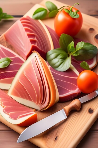 Sliced prosciutto on a wooden board