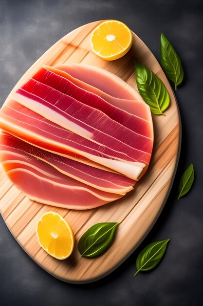 Sliced prosciutto on a wooden board