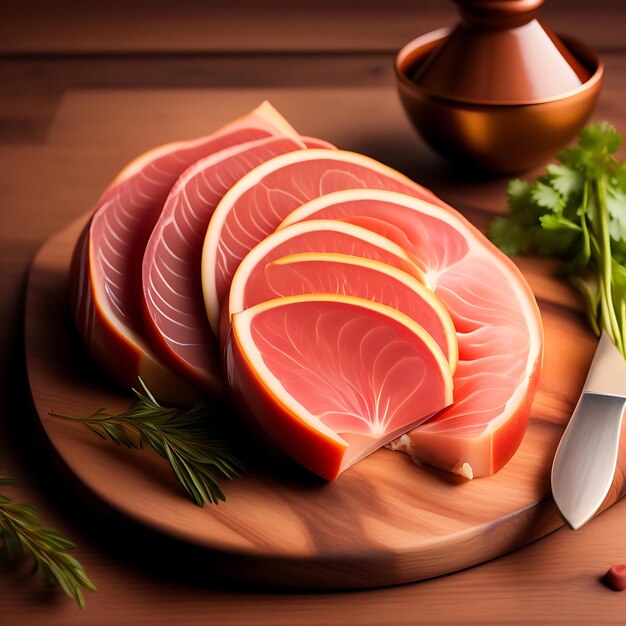 Sliced prosciutto on a wooden board