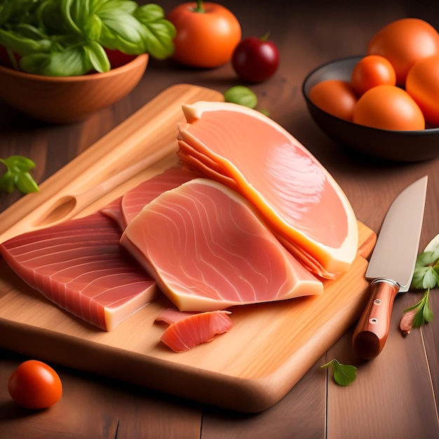 Sliced prosciutto on a wooden board