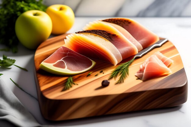 Foto prosciutto affettato su una tavola di legno