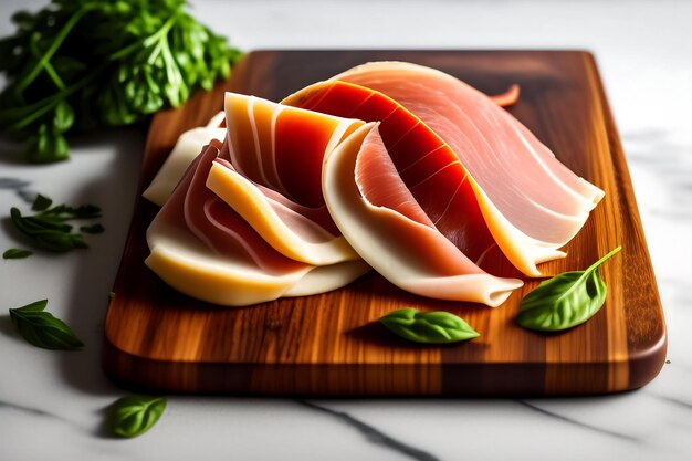 Photo sliced prosciutto on a wooden board