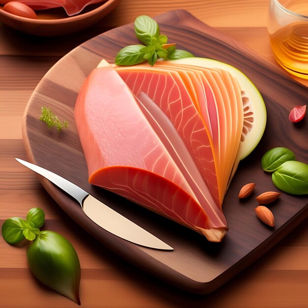 Photo sliced prosciutto on a wooden board