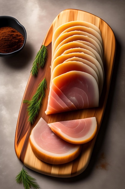 Sliced prosciutto on a wooden board