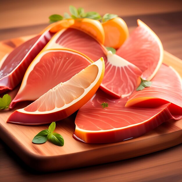 Sliced prosciutto on a wooden board