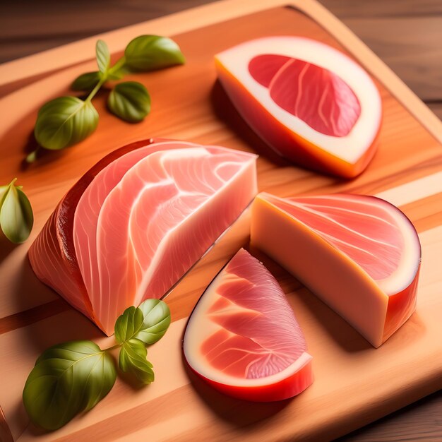 Sliced prosciutto on a wooden board