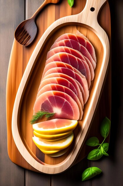 Sliced prosciutto on a wooden board