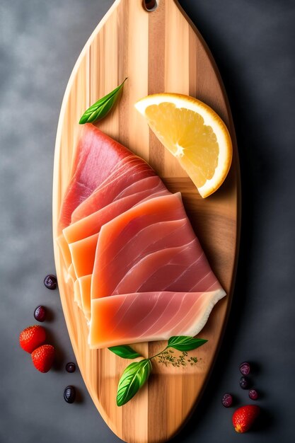 Sliced prosciutto on a wooden board