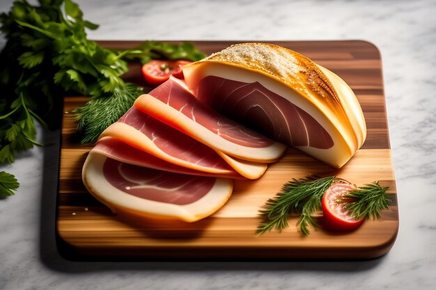 Sliced prosciutto on a wooden board