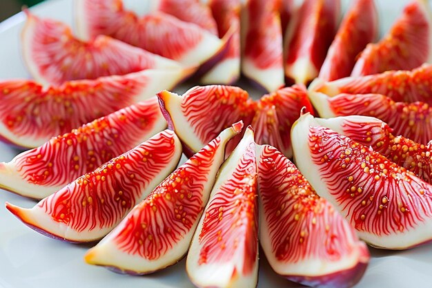 Photo sliced purple figs arranged in a spiral pattern on a plate