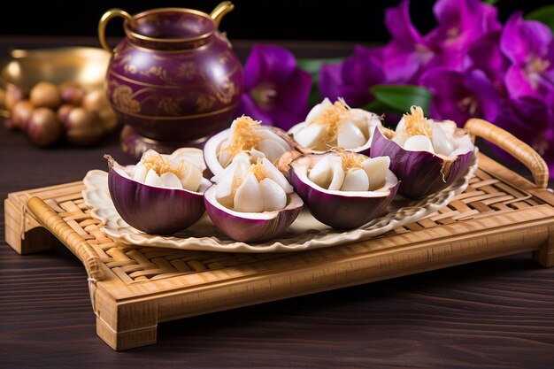 Photo sliced purple mangosteen arranged on a bamboo serving platter