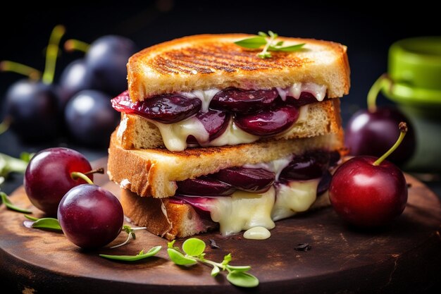 Sliced purple plum and brie grilled cheese sandwiches