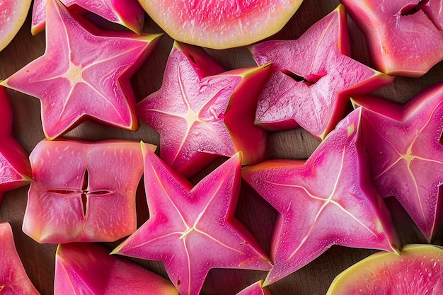 Photo sliced purple starfruit arranged in a geometric pattern