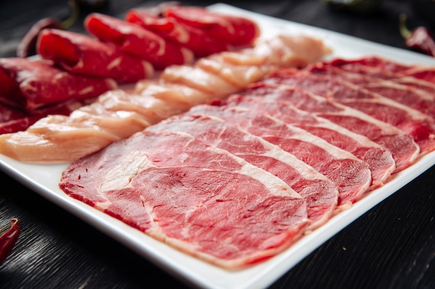 Sliced raw beef meat on the plate