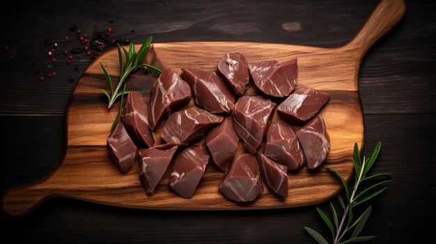 Sliced raw chicken liver fresh fowl offals on wooden background