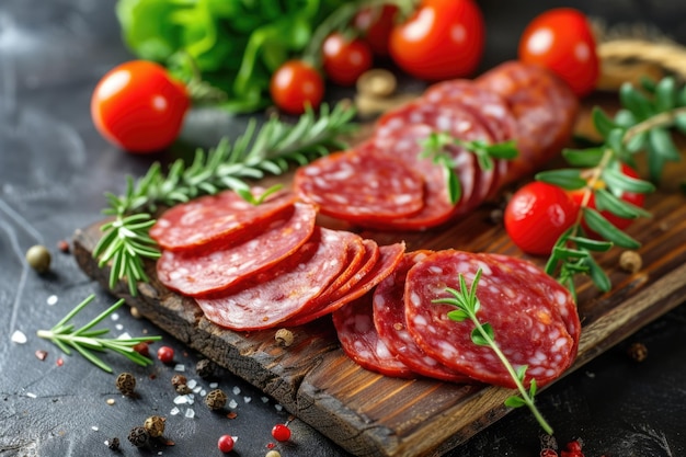 Sliced raw smoked sausage slices of salami lie on cutting board surrounded by cherry tomatoes sprigs