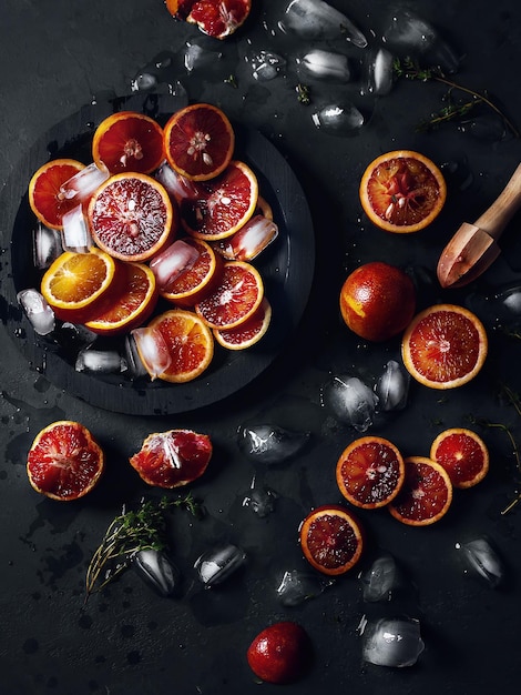 нарезанные красные кровавые апельсины со льдом на темном фоне