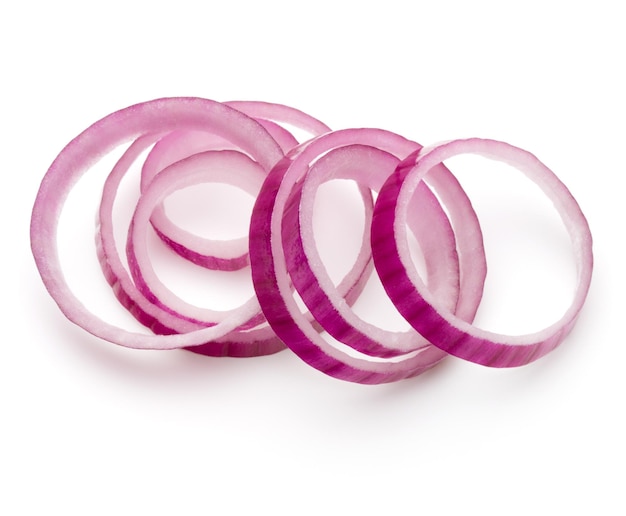 Photo sliced red onion rings isolated on white background cutout