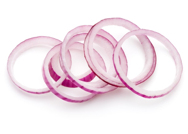 Sliced red onion rings isolated on white background cutout