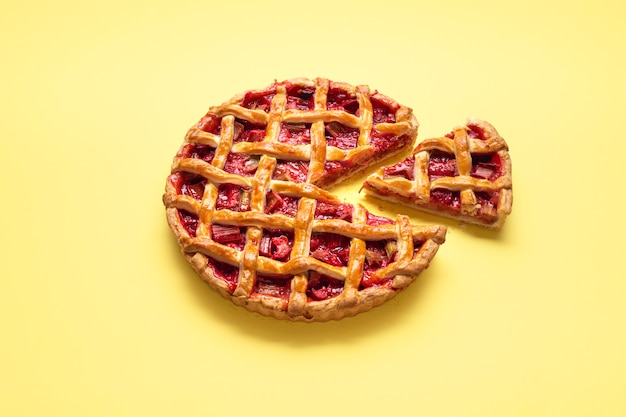 Sliced rhubarb pie with a lattice crust