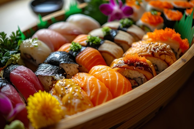 Sliced rice rolls with fish with greens